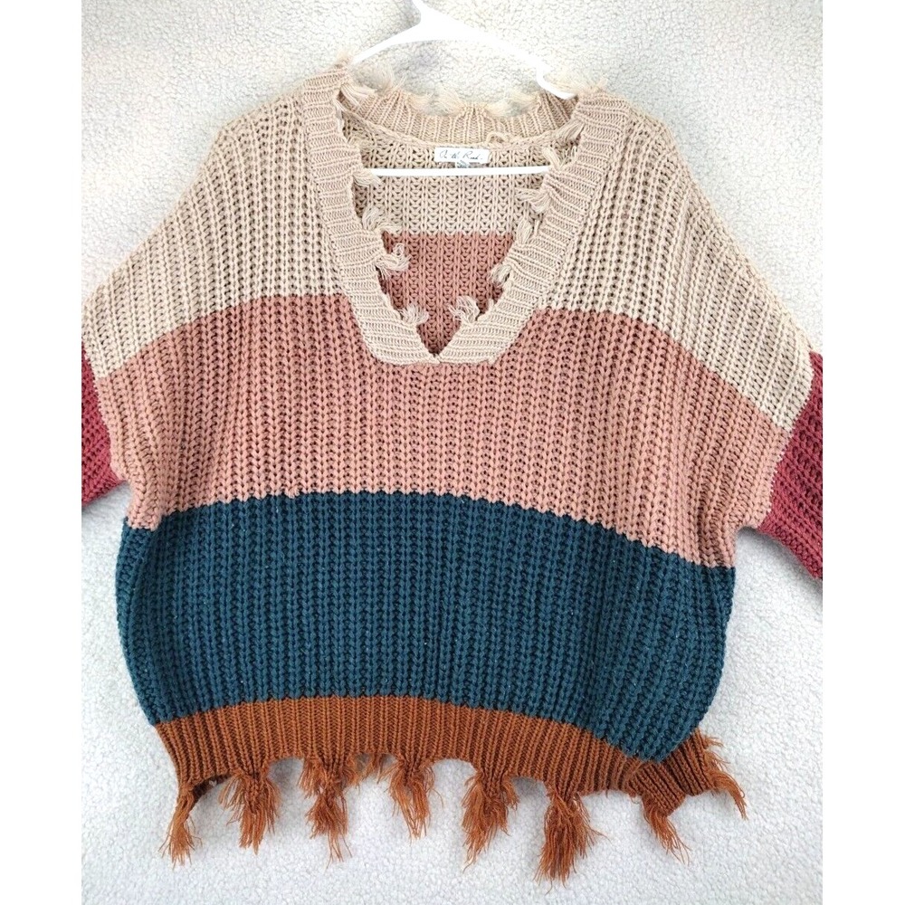 On the Road Striped Distressed Fringe V Neck Sweater M‎ L